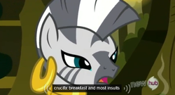 Size: 572x309 | Tagged: safe, screencap, zecora, zebra, g4, magic duel, my little pony: friendship is magic, breakfast, crucifix, female, hub logo, meme, solo, youtube caption