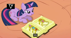 Size: 573x310 | Tagged: safe, screencap, twilight sparkle, g4, the return of harmony, big crown thingy, book, crown, element of generosity, element of honesty, element of kindness, element of laughter, element of loyalty, element of magic, elements of harmony, female, meme, necklace, solo, youtube caption