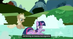 Size: 574x309 | Tagged: safe, screencap, applejack, twilight sparkle, g4, my little pony: friendship is magic, the return of harmony, bosnia and herzegovina, bubble, discorded, hub logo, meme, soap, water, youtube caption