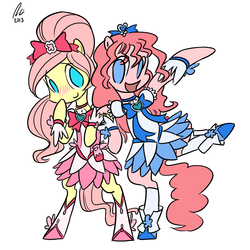 Size: 1200x1200 | Tagged: safe, artist:rwl, fluttershy, pinkie pie, earth pony, pegasus, semi-anthro, g4, alternate hairstyle, anime, bipedal, blushing, clothes, cosplay, crossover, cure blossom, cure marine, female, heartcatch precure, lesbian, precure, pretty cure, ship:flutterpie, shipping