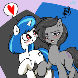 Size: 1000x1000 | Tagged: safe, artist:wherewolfs, dj pon-3, octavia melody, vinyl scratch, g4, alternate hairstyle, blushing, grin, heart, lidded eyes, mane swap, octavia is not amused, open mouth, raised hoof, red eyes, smiling, sweat, unamused