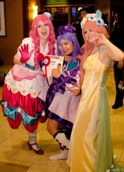 Size: 3264x4523 | Tagged: artist needed, safe, artist:jim3535, fluttershy, pinkie pie, human, g4, ala 2012, anime los angeles, clothes, convention, cosplay, dress, gala dress, gloves, irl, irl human, photo