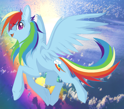 Size: 850x750 | Tagged: safe, artist:tobykitten, rainbow dash, pegasus, pony, g4, ear fluff, female, hair over one eye, looking at you, mare, open mouth, smiling, solo, spread wings, wings
