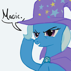 Size: 945x945 | Tagged: artist needed, safe, trixie, pony, unicorn, g4, cape, clothes, female, hat, mare, smiling, solo, trixie's cape, trixie's hat