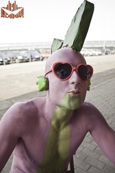 Size: 2848x4272 | Tagged: safe, artist:amuzani, spike, human, g4, bodypaint, cosplay, irl, irl human, photo, play! 2012, solo, sunglasses