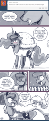 Size: 550x1344 | Tagged: safe, artist:johnjoseco, derpy hooves, princess luna, alicorn, pony, ask princess molestia, g4, clothes, comic, costume, food, food costume, muffin, muffin costume