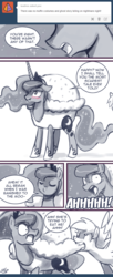 Size: 550x1344 | Tagged: safe, artist:johnjoseco, derpy hooves, princess luna, alicorn, pony, ask princess molestia, g4, clothes, comic, costume, food, food costume, muffin, muffin costume, nom