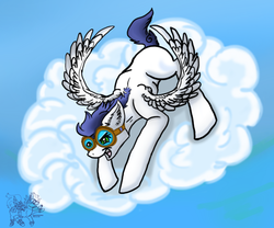 Size: 900x750 | Tagged: safe, artist:downpourpony, soarin', g4, blank flank, cloud, crouching, goggles, male, sky, solo