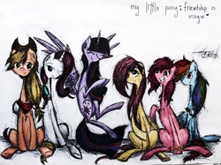 Size: 1000x748 | Tagged: safe, artist:zweiten, applejack, fluttershy, pinkie pie, rainbow dash, rarity, twilight sparkle, alicorn, pony, g4, female, mane six, mare, traditional art, twilight sparkle (alicorn)