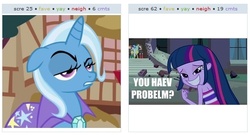 Size: 528x286 | Tagged: safe, trixie, twilight sparkle, equestria girls, g4, exploitable meme, juxtaposition, meme