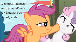 Size: 854x470 | Tagged: safe, edit, edited screencap, screencap, scootaloo, sweetie belle, g4, the return of harmony, generic blues, insane pony thread, logic bomb, paradox, song reference, text, wat, weird al yankovic