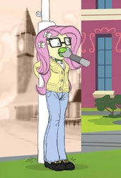 Size: 628x920 | Tagged: safe, artist:carnifex, fluttershy, equestria girls, g4, apple gag, breasts, clothes, female, gag, glasses, sweater, sweatershy