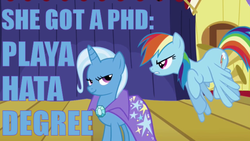 Size: 640x360 | Tagged: safe, edit, edited screencap, screencap, rainbow dash, trixie, boast busters, g4, angry, duo, pun, smug, stage