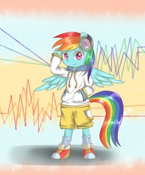 Size: 1000x1200 | Tagged: safe, artist:luciferamon, rainbow dash, semi-anthro, g4, clothes, female, headphones, solo