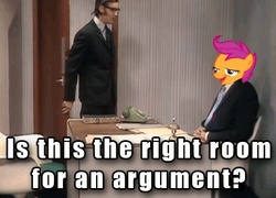 Size: 474x342 | Tagged: safe, scootaloo, g4, chickun, comedy routine in the comments, exploitable meme, meme, monty python