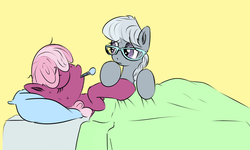Size: 800x479 | Tagged: safe, artist:tiki2, artist:xioade, cheerilee, silver spoon, g4, backwards thermometer, bed, cheerispoon, sick, thermometer