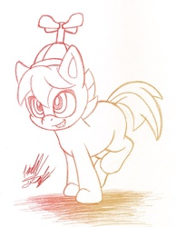 Size: 778x1000 | Tagged: safe, artist:fuzon-s, button mash, earth pony, pony, g4, blank flank, colt, foal, hat, hooves, male, monochrome, open mouth, propeller hat, simple background, sketch, solo, traditional art, white background