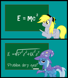 Size: 924x1048 | Tagged: safe, artist:mrbarthalamul, derpy hooves, trixie, pegasus, pony, g4, chalkboard, comic, female, mare, physics