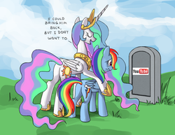 Size: 909x700 | Tagged: safe, princess celestia, rainbow dash, alicorn, pegasus, pony, g4, butt, celestia's grave meme, exploitable meme, female, google, google plus drama, google+, implied death, mare, meme, plot, youtube