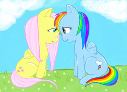 Size: 600x434 | Tagged: safe, artist:valiumangel, fluttershy, rainbow dash, g4, blushing, female, lesbian, ship:flutterdash, shipping