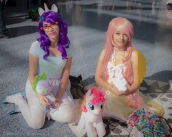Size: 2048x1632 | Tagged: safe, fluttershy, pinkie pie, rarity, spike, human, rabbit, g4, build-a-bear, cosplay, irl, irl human, photo, plushie, spike plushie