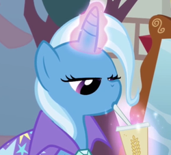 Size: 373x338 | Tagged: safe, screencap, trixie, pony, unicorn, boast busters, g4, cup, drink, female, mare, oat smoothie, reaction image, smoothie, solo, straw