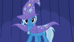 Size: 1280x720 | Tagged: safe, edit, screencap, trixie, pony, unicorn, boast busters, g4, female, inverted mouth, mare, smiling, solo, stage