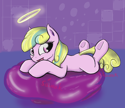 Size: 965x829 | Tagged: safe, artist:pantzar, oc, oc only, oc:puppysmiles, earth pony, pony, fallout equestria, fallout equestria: pink eyes, askpuppysmiles, balloon, balloon riding, cute, fanfic, fanfic art, female, filly, foal, fun, hooves, lying down, open mouth, riding, solo, that pony sure does love balloons, underhoof