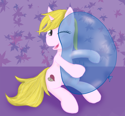 Size: 995x923 | Tagged: safe, artist:pantzar, oc, oc only, oc:serenity (fallout equestria: heroes), unicorn, fallout equestria, fallout equestria: heroes, balloon, balloon fetish, cute, female, fetish, filly, foal, fun, horn, one eye closed, party balloon, solo, that pony sure does love balloons, unicorn oc