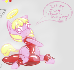 Size: 522x499 | Tagged: safe, artist:retl, oc, oc only, oc:puppysmiles, earth pony, pony, fallout equestria, fallout equestria: pink eyes, balloon, balloon fetish, balloon popping, balloon riding, comic, cute, fanfic, fanfic art, female, filly, foal, fun, gray background, hooves, latex, leotard, party balloon, riding, rubber, shiny, simple background, solo, that pony sure does love balloons