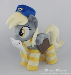 Size: 2012x2149 | Tagged: safe, artist:zizzaz, derpy hooves, pegasus, pony, g4, clothes, female, hat, irl, letter, mare, mouth hold, photo, plushie, scarf, socks, solo, striped socks