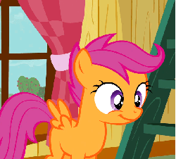 Size: 595x540 | Tagged: safe, screencap, scootaloo, pegasus, pony, g4, sleepless in ponyville, animated, blank flank, clubhouse, crusaders clubhouse, cute, cutealoo, female, filly, flapping, flapping wings, fluttering, foal, gif, happy, open mouth, smiling, solo, window, wings