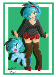 Size: 1814x2500 | Tagged: safe, artist:danmakuman, oc, oc only, oc:mint leaf, human, pony, clothes, human ponidox, humanized, skirt, stockings, thigh highs