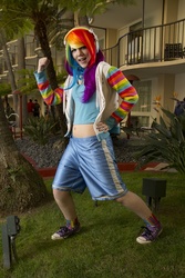 Size: 667x1000 | Tagged: safe, rainbow dash, human, g4, belly button, cosplay, irl, irl human, midriff, photo, solo