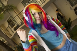 Size: 1000x667 | Tagged: safe, rainbow dash, human, g4, belly button, cosplay, irl, irl human, midriff, photo, solo