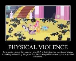 Size: 492x397 | Tagged: safe, edit, edited screencap, screencap, applejack, fluttershy, pinkie pie, rainbow dash, rarity, twilight sparkle, changeling, earth pony, pegasus, pony, unicorn, g4, female, fight, mare, meta, motivational poster, violence