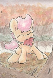 Size: 681x991 | Tagged: safe, artist:slightlyshade, scootaloo, g4, cute, cutealoo, female, leaf, mouth hold, solo, traditional art