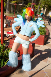 Size: 2016x3024 | Tagged: safe, artist:ladymella, rainbow dash, human, g4, belly button, cosplay, irl, irl human, midriff, photo, solo