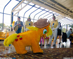 Size: 3584x2867 | Tagged: safe, applejack, human, g4, cosplay, irl, irl human, nightmare fuel, photo, ponysuit, quadsuit, spookyjack