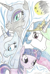 Size: 1571x2310 | Tagged: safe, artist:entou, nightmare moon, princess celestia, princess luna, twilight sparkle, g4, traditional art