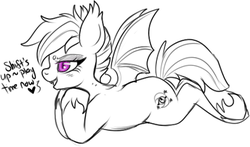 Size: 430x252 | Tagged: safe, artist:lulubell, oc, oc only, oc:night watch, bat pony, pony, bedroom eyes, black and white, dialogue, grayscale, innuendo, monochrome, partial color, prone, simple background, solo, white background