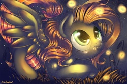 Size: 3000x2000 | Tagged: safe, artist:carligercarl, fluttershy, firefly (insect), pegasus, pony, g4, female, glowing, grass, high res, licking, licking lips, looking at something, looking up, lying down, mare, night, outdoors, prone, smiling, solo, spread wings, tongue out, wings