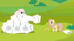 Size: 1016x567 | Tagged: safe, artist:mixermike622, fluttershy, oc, oc:fluffle puff, g4, pillow, pillow fight, tank (vehicle)