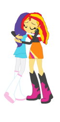 Size: 351x709 | Tagged: safe, rarity, sunset shimmer, equestria girls, g4, boots, clothes, fall formal outfits, high heel boots, hug, jacket, leather jacket, ms paint, raised leg, rear view, shipping, skirt, sunsarity
