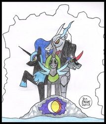 Size: 570x667 | Tagged: safe, artist:drpain, discord, king sombra, nightmare moon, queen chrysalis, g4, cave, statue, super metroid