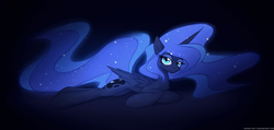 Size: 6321x3000 | Tagged: safe, artist:n_thing, princess luna, g4, absurd resolution, female, looking at you, prone, solo