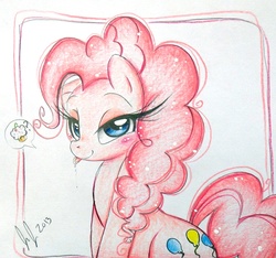 Size: 955x895 | Tagged: safe, artist:prettypinkpony, pinkie pie, earth pony, pony, g4, bedroom eyes, cupcake, female, long eyelashes, pictogram, solo, tongue out, traditional art