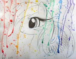 Size: 898x700 | Tagged: safe, artist:prettypinkpony, rainbow dash, pegasus, pony, g4, female, long eyelashes, partial color, solo, traditional art, watercolor painting