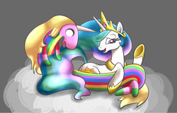 Size: 1711x1092 | Tagged: safe, artist:persicute, princess celestia, alicorn, pony, g4, adventure time, cloud, crossover, female, lady rainicorn, looking down, lying down, lying on a cloud, lying on pony, lying on top of someone, male, mare, on a cloud, rainicorn