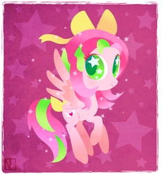 Size: 731x786 | Tagged: safe, artist:disfiguredstick, oc, oc only, oc:precious metal, pegasus, pony, g4, bow, female, hair bow, mare, signature, smiling, solo, sparkly mane, sparkly tail, starry eyes, tail, wingding eyes